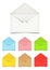 Blank open envelopes on white, set of various colors