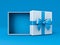 Blank open white gift box with blue bottom inside or opened present box with blue ribbon and bow on blue color background