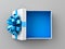 Blank open white gift box with blue bottom inside or top view of opened blue present box with blue ribbon and bow