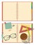 Blank opened notebook with glasses, pencil, paper, stationery, cup coffee.