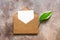 Blank paper card in brown envelope and green hosta leaf. Mockup of invitation and greeting card. Company corporate identity