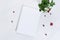 Blank paper page in sunbeam with red berries lingonberry and green leaves on white wood board top view, copy space.