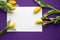 Blank paper with yellow tulips on proton purple textile background. Spring background with space for text. Spring tulips flowers a