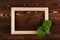 Blank photo wood frame and young green leaves on vintage brown wooden board. Decorative summer background with copy space, top vie