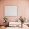 Blank picture frame mock up in modern japandi peach living room interior with sofa