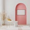 Blank picture frame mock up in modern room interior with white chair, coffee table near window and decorative pink arch and column