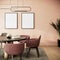 Blank picture frame mock up in Peach color room interior, 3d rendering vertical background