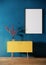 Blank picture frame mock up and yellow cabinet on blue wall, Room interior design