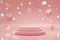 Blank pink cylinder podium 3 step on pink background with blured gift boxes
