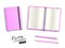 Blank pink open and closed copybook template with elastic band and bookmark. Realistic stationery blank pink pen and pencil.