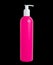 Blank pink plastic bottle isolated on black background. Packaging for liquid soap, cosmetic