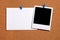 Blank polaroid photo frame, cork notice board, white index card, copy space