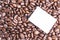 Blank post-it note on roasted organic coffee beans