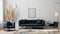 Blank poster frame on gray wall mockup in modern luxury interior design with dark blue sofa, armchairs near cofee table, fancy rug