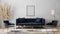 Blank poster frame on gray wall mockup in modern luxury interior design with dark blue sofa, armchairs near cofee table, fancy rug
