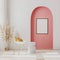 Blank poster frame mock up in modern room interior with white chair, coffee table near window and decorative pink arch and column