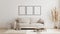 Blank poster frame mock up in  scandinavian style living room interior, modern living room interior background, beige sofa and