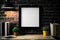 Blank poster frame mockup on the brick wall, retro desk decoration concept, Generative AI