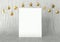 Blank poster with hanging golden balls and stars ornaments on curved wooden background. For new year or christmas theme. 3D render