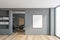 Blank poster mockup in the grey office room with chairs and wooden door