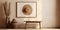 Blank poster near beige stucco wall in farmhouse room. Boho interior design with wooden stool