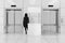Blank Promotion Stands with Woman Silhouette near Modern Elevator or Lift with Metal Doors in Office Building. 3d Rendering