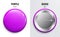 Blank purple glossy badge or button. 3d render. Round plastic pin, emblem, volunteer label. Front and Back Side. Vector.