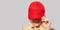 Blank red baseball cap mockup template, wear on women head, isolated, clipping path. Woman in clear hat and t shirt mock