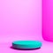 Blank Round Aquamarine Color Showcase with Empty Space on Acid Bright Pink Background. 3d rendering
