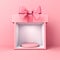 Blank round podium pedestal with spotlight in sweet exhibition booth gift box stand with pink pastel color ribbon bow