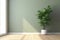 Blank sage green wall in house with green tropical tree, AI