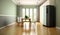 Blank sage green wall partition, large tree in pot on parquet floor in luxury. AI Generated