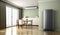 Blank sage green wall partition, large tree in pot on parquet floor in luxury. AI Generated