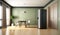 Blank sage green wall partition, large tree in pot on parquet floor in luxury. AI Generated