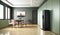 Blank sage green wall partition, large tree in pot on parquet floor in luxury. AI Generated