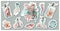 The blank of a set of stickers on the marine theme. With jellyfish, seahorse, shells, starfish, bottles and corals