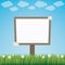 Blank sign board daisy meadow blue background