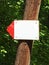 Blank sign with copy space on a wooden pillar in the forest pointing left