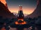 blank soda bottle podium mockup in lava stream for product presentation and lava mountain ground background.Generative AI