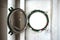 Blank space of vintage circle porthole or window frame at rusted