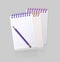 Blank spiral notepad notebook with realistic purple pen on white background. Display Mock up for your entries, vector