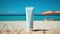 Blank sunscreen cream on the beach. Illustration AI Generative