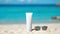 Blank sunscreen cream on the beach. Illustration AI Generative