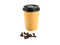 Blank take away kraft coffee cup with coffee bean isolated.