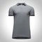 Blank template men grey polo shirt short sleeve, front view bottom-up, on gray background with clipping path.