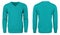 Blank template mens turquoise sweatshirt long sleeve, front and back view, white background. Design pullover mockup for print.