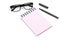 Blank template spiral pink notebook notepad, glasses, pencil, isolated white background