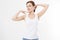 Blank template t shirt. Beauty Woman with perfect skin armpits and epilation isolated on white background. Laser hair removal.