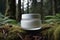 Blank, unbranded cosmetic cream jar standing in the forest. Skin care product presentation. Skincare, beauty and spa