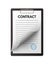 Blank vector contract with seal on clipboard. Deal agreement, treaty signing. Official business paper document